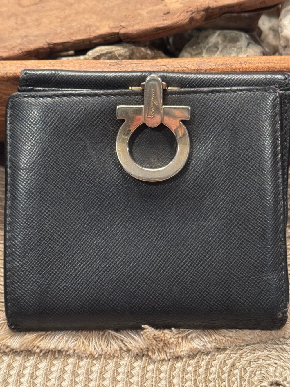 Salvatore Ferragamo Black Leather Wallet with Gold Gancini Hardware